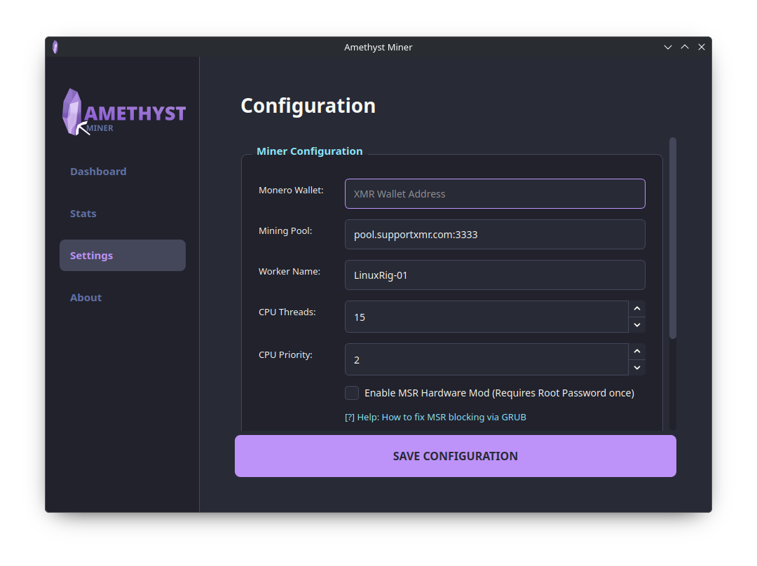 Miner Configuration Menu