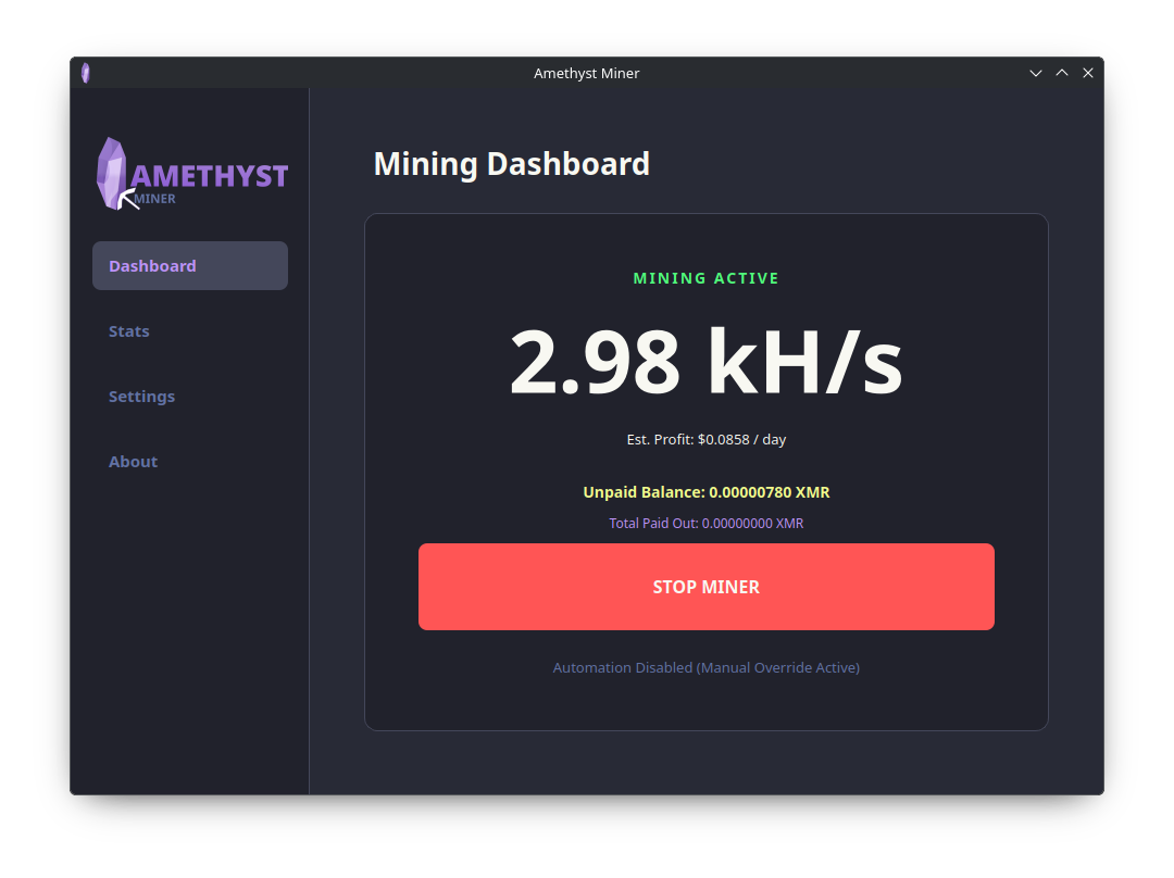 Amethyst Miner Active Dashboard